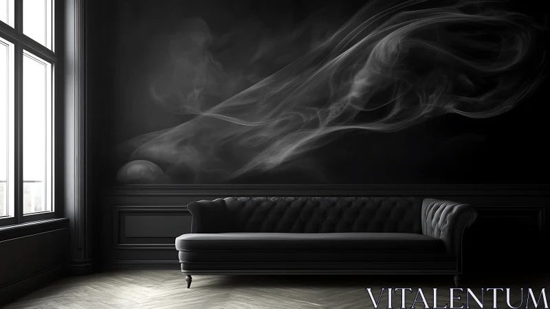 Monochrome interior shows sofa beneath abstract smoke mural