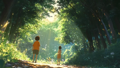 Sunlit forest path with two children exploring together.