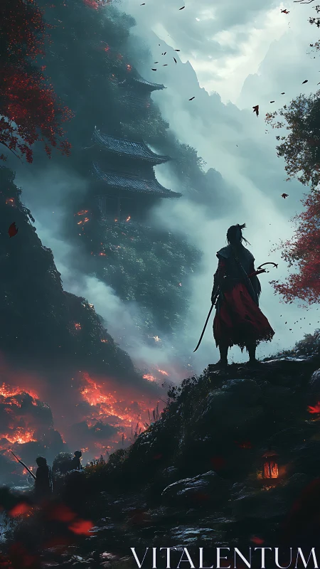 Samurai observes burning mountain valley and hidden temple