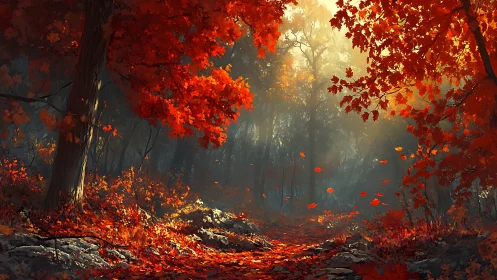 Misty Autumn Forest Canopy with Luminous Foliage Rendering