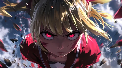 Fierce anime heroine racing through a storm of sky shards.