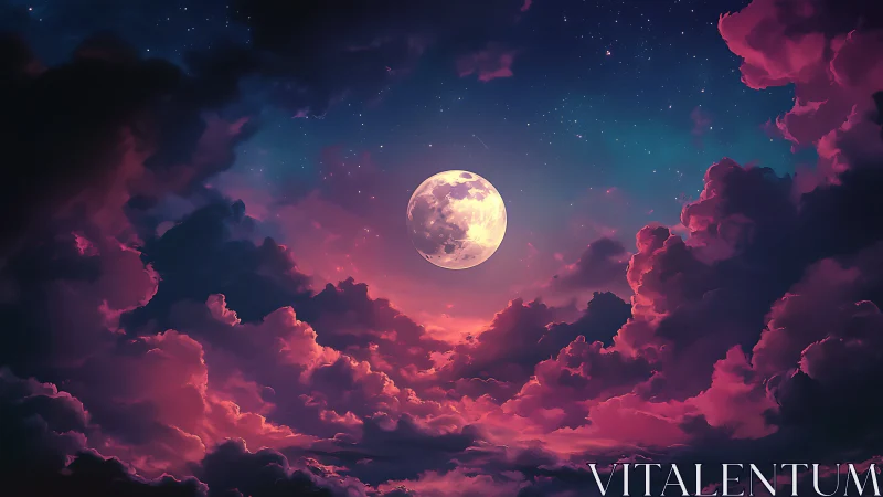 Luminous full moon framed by magenta storm clouds at dusk.