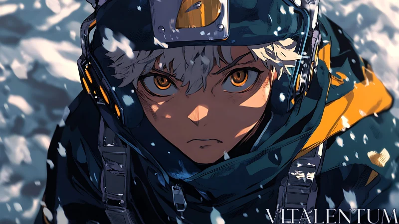 Snowbound scout locks gaze under stormlit orange visor.