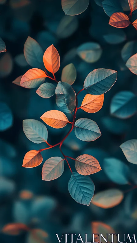 Orange and teal foliage on dark blurred botanical background.