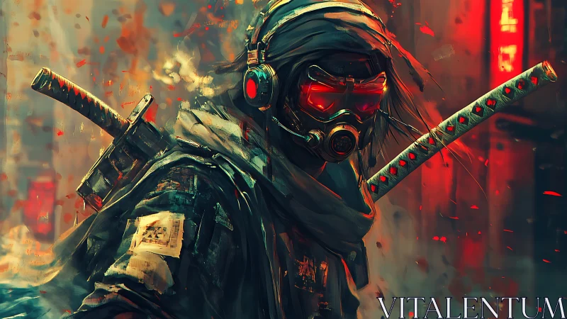 Cyberpunk katana warrior with gas mask in neon storm.