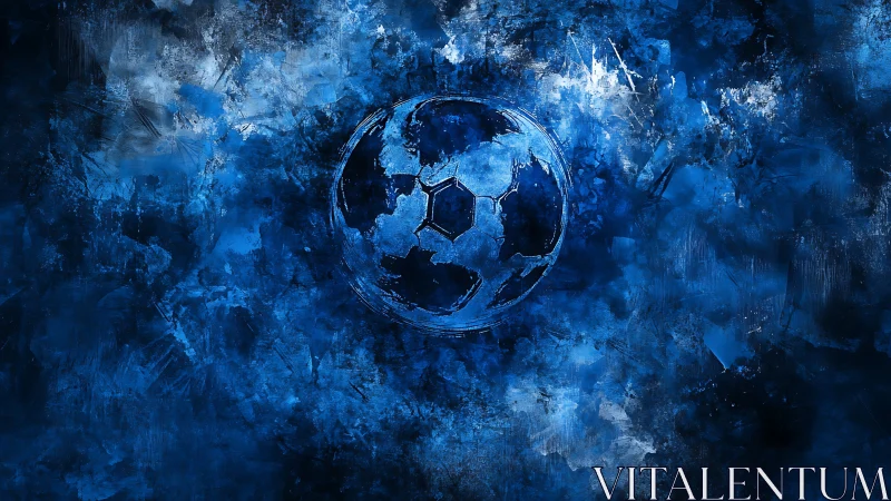 Celestial blue soccer ball swirling in textured night sky.