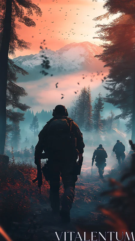 Tactical squad advances through foggy forest under orange sky