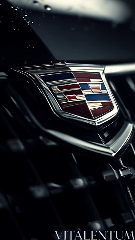 Close-up of Cadillac vehicle grille emblem in low light.