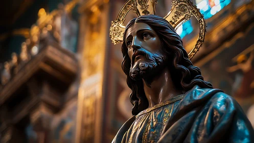 Polychrome sculpture of robed male figure with halo in church.