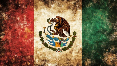Mexican flag with central coat of arms in grunge texture.