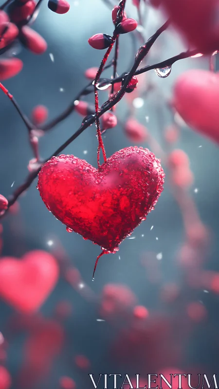 Crystalline heart hangs frosted on winter branch.