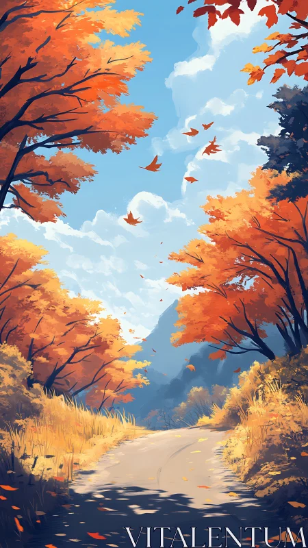 Golden autumn path curves gently toward distant blue hills