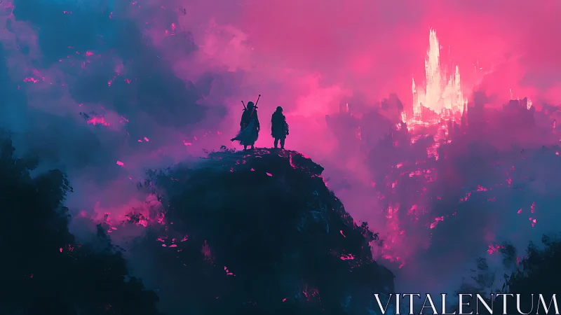 Fantasy travelers overlooking luminous citadel in neon fog.