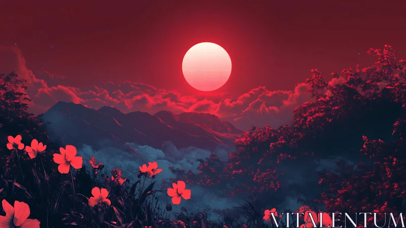 Red moon over dark mountains and glowing wildflower valley.