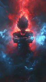 Dark anime warrior surrounded by red and blue energy fields.