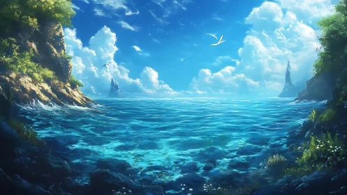 Luminescent Coastal Sanctuary with Towering Rock Formations