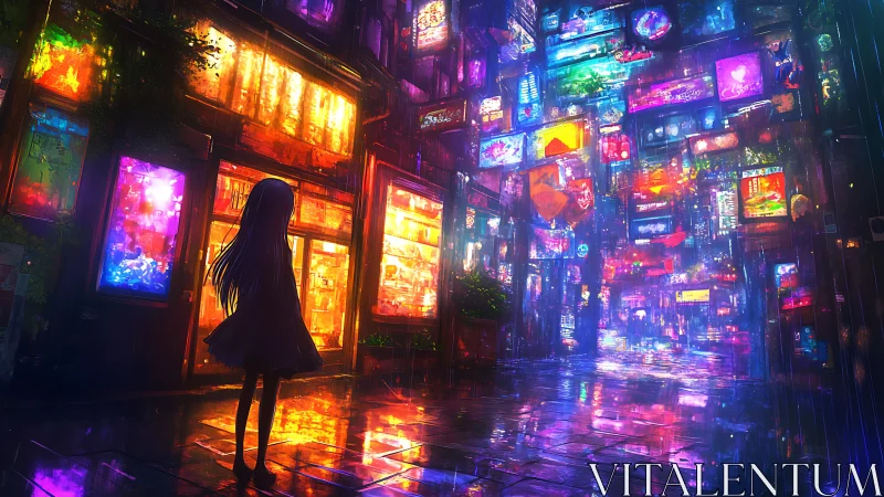 Silhouetted girl stands in neon alley reflecting vibrant signs