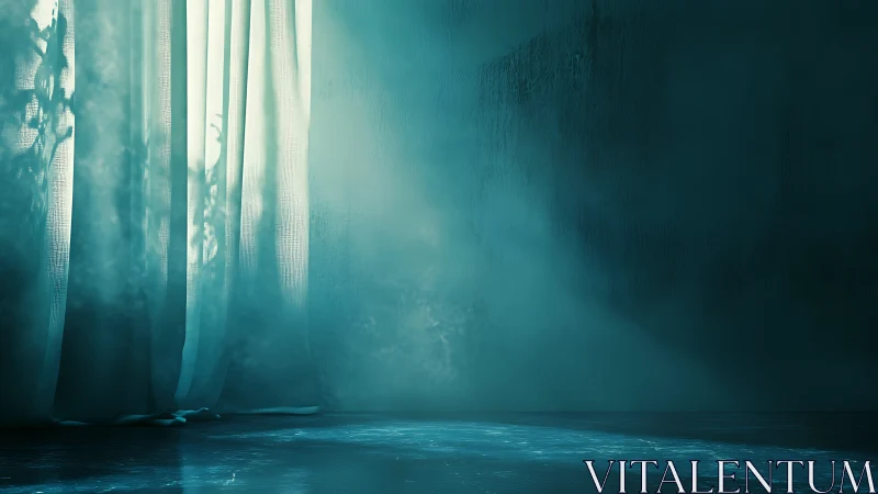 Volumetric light penetrates sheer curtains in a misty room