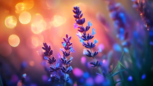 Purple Lavender Flowers in Golden Bokeh Light.