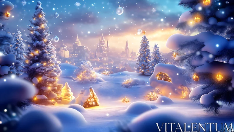 Snow laden Christmas pines with village skyline at twilight