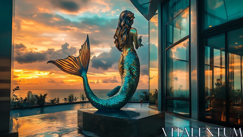 Mermaid statue by luxury pool at dramatic ocean sunset.