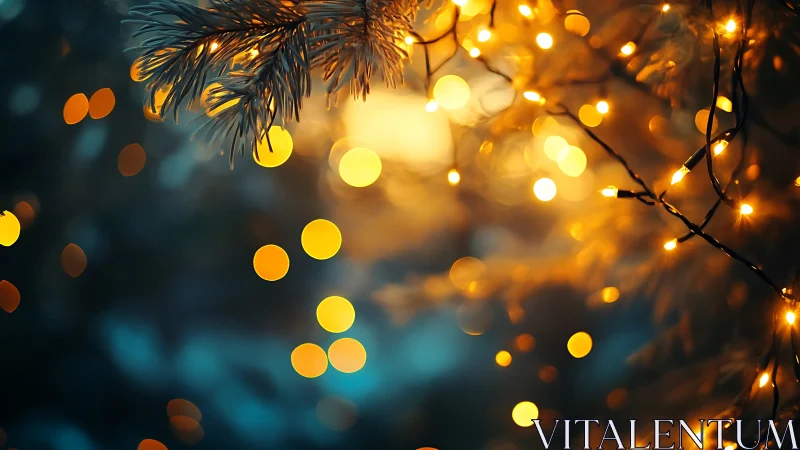 Evergreen glow, winter bokeh lights in quiet holiday hush.