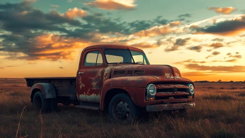 Rustic vintage pickup truck in open field at sunset time.