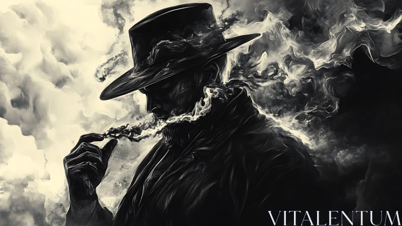 Smoke-wreathed stranger dissolves into swirling noir clouds