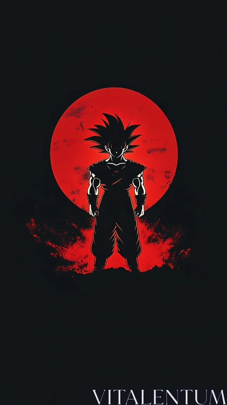 Silhouetted martial hero before textured red lunar disc