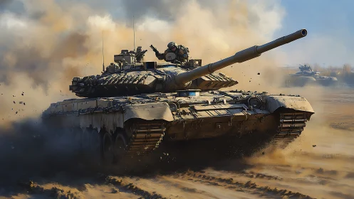 Main battle tank charges through desert impact cloud.