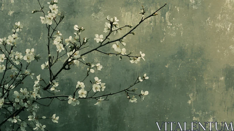 Delicate Blossoming Branch Against Textured Green Wall, Minimalist Art.