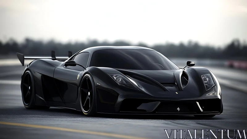 Black track-focused supercar is parked on an empty roadway