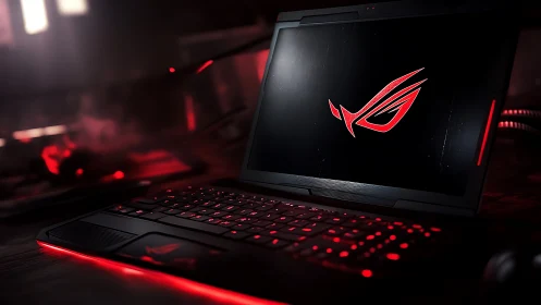 Gaming laptop with red backlight on dark desktop scene.