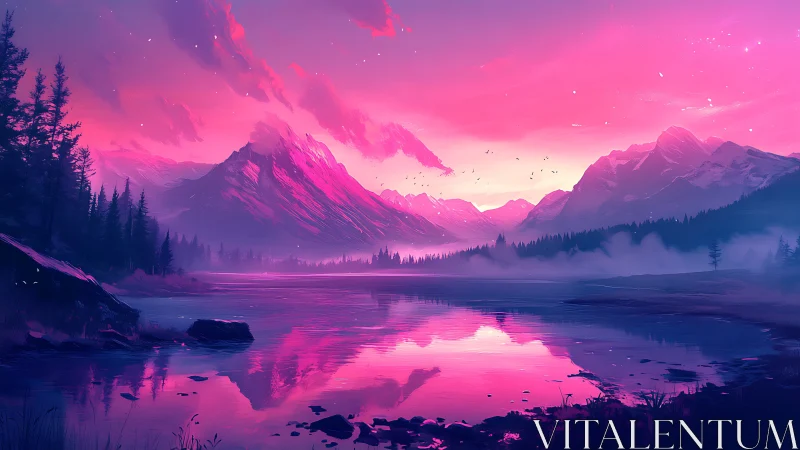 Neon dusk over crystalline mountains and mirrored lake dreams.