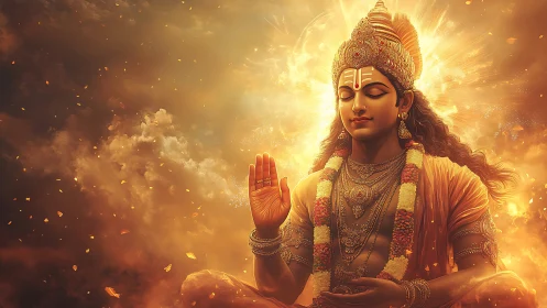 Golden divine figure radiating peace in a glowing sky.