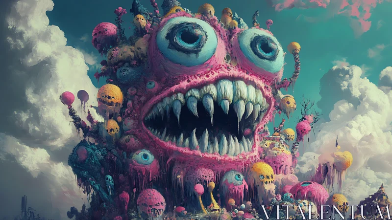 Grotesque multicolored monster tower rises amid dense clouds