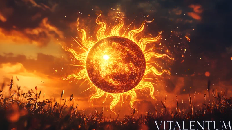 Glowing sun spirit drifting over a dusky wildflower field.