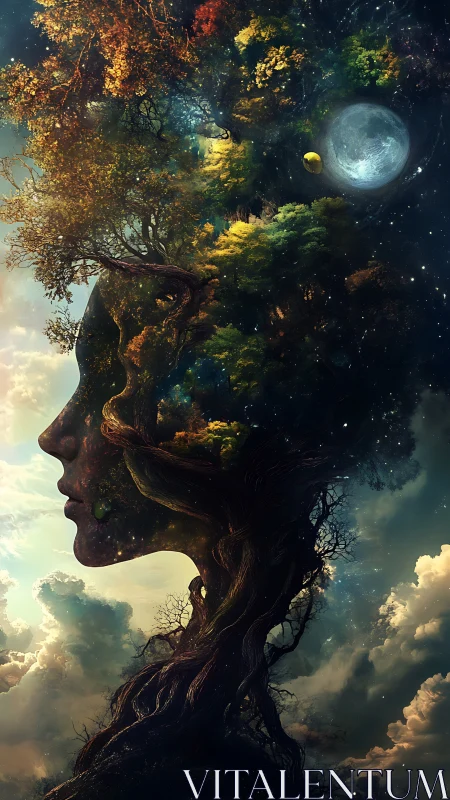 Surreal arboreal female profile merges cosmos and night sky