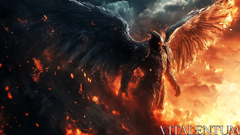 Infernal winged warrior emerging through storm and flame.
