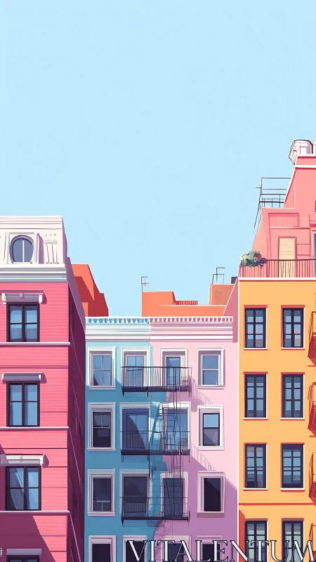 Pastel city facades stack under clear minimalist sky.