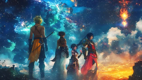 Stargazing heroes at the edge of a glowing fantasy sky.