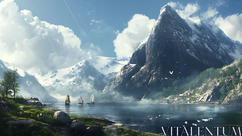 Snowcapped fjord peaks tower above tranquil sailing boats.