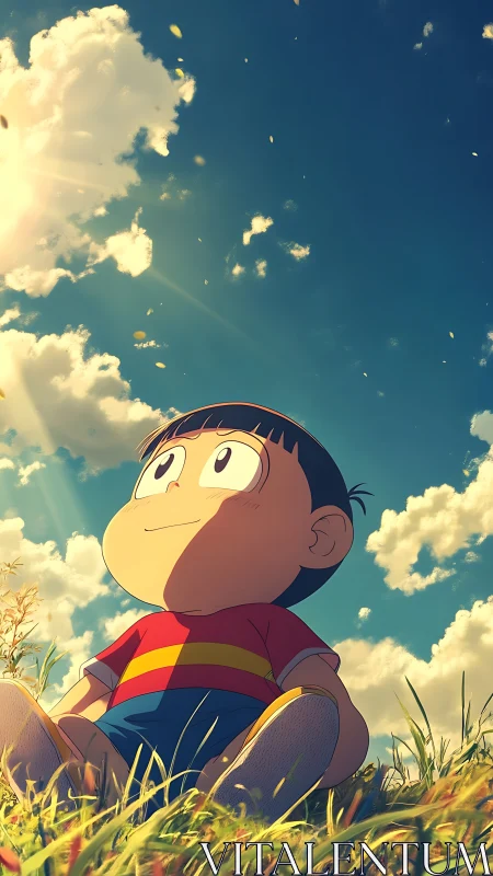 Low-angle anime child in sunlit meadow under dynamic sky