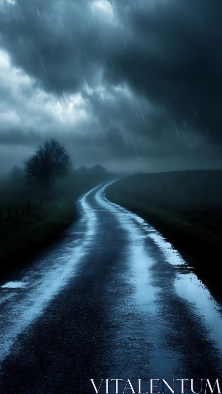 Rain-soaked rural road curves into distant fog under storm clouds