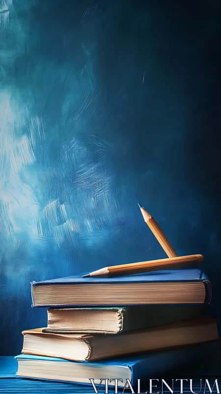Stacked study books with pencils on textured blue backdrop.