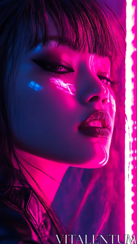 Neon-lit portrait with glossy makeup and cyberpunk mood.