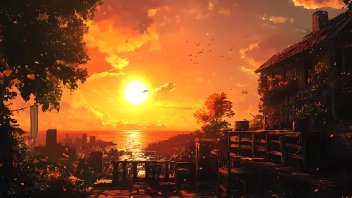 Radiant coastal sunset over terrace and distant cityscape.