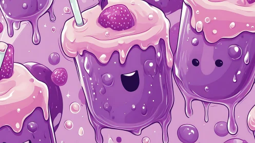 Whimsical Purple Slime Characters in Bubbly Dreamscape