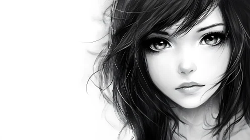 Monochrome muse with storm-soft eyes and windswept hair.