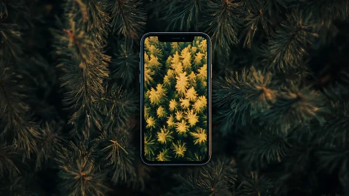 Smartphone screen mirrors dense golden forest canopy view